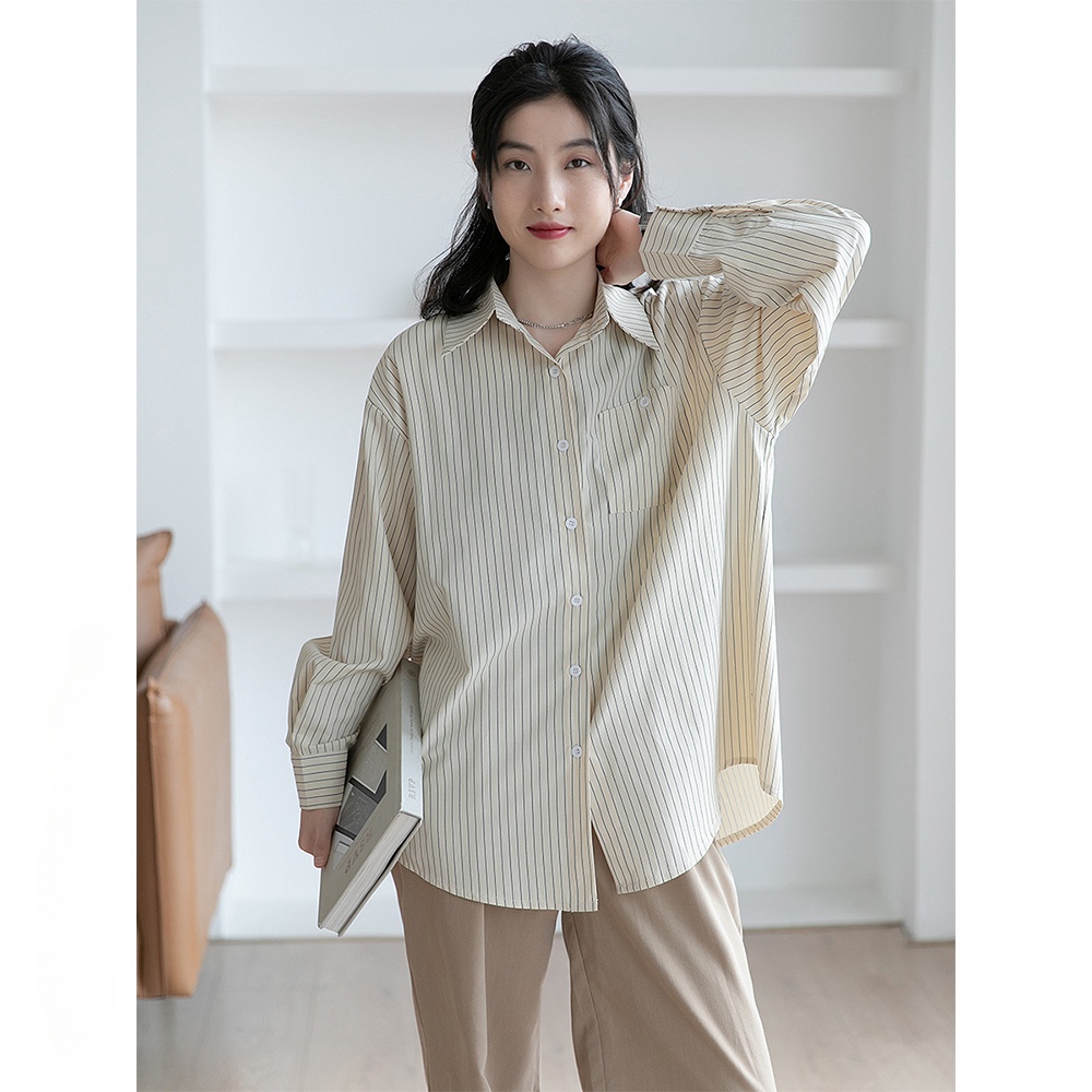 45 cotton 45 polyester 10 viscose French long-sleeved striped shirt for women's design spring loose high-end shirt