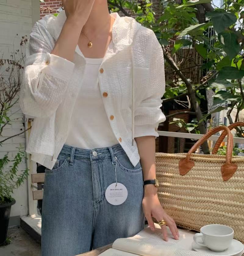 French design sense versatile single-breasted striped short loose long-sleeved sun protection hooded shirt for women