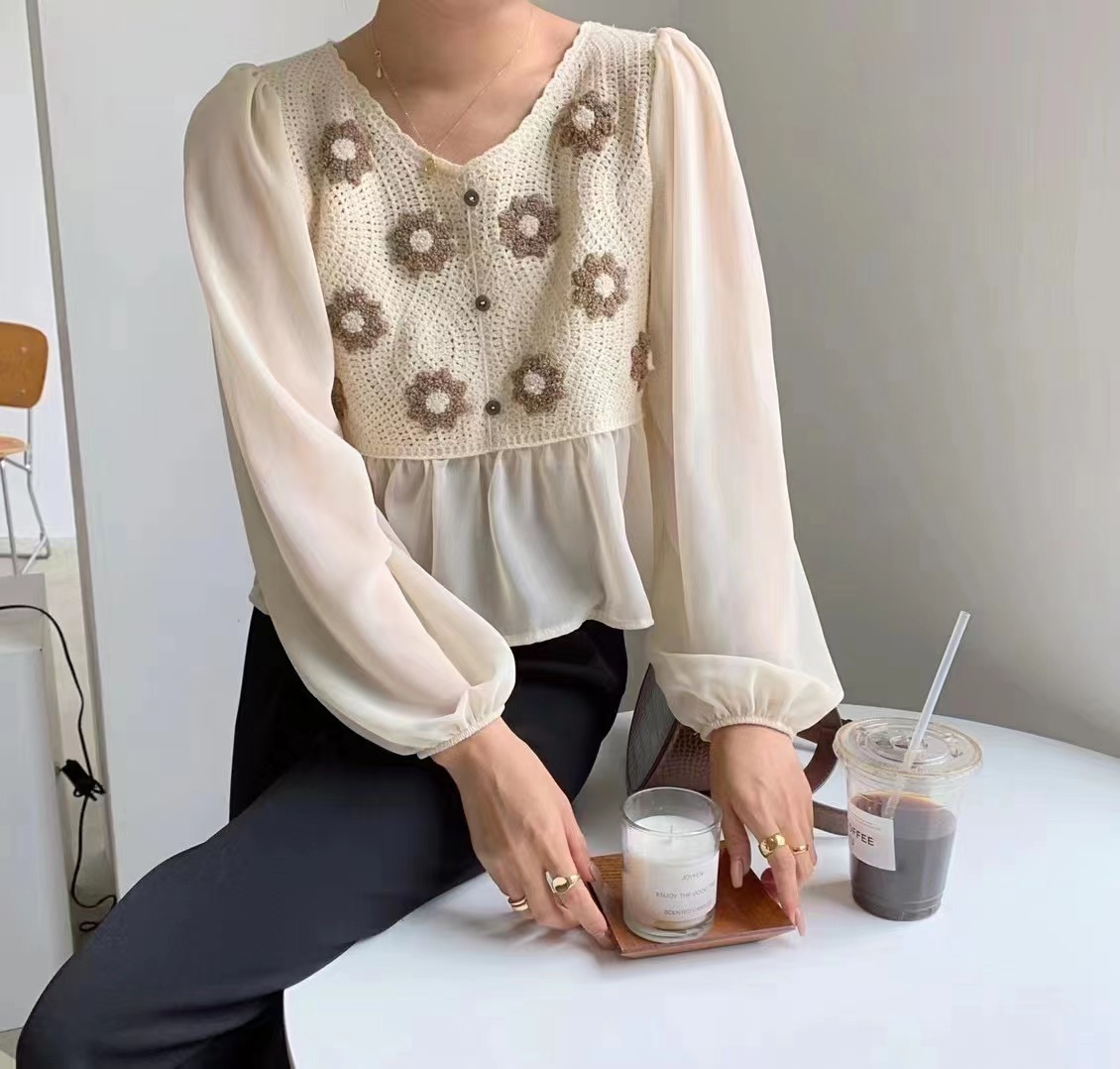 New French niche short versatile knitted long-sleeved top sweet and gentle style hollow chiffon shirt for women