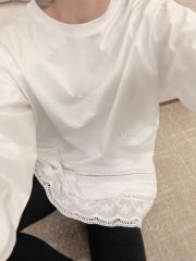 韓國東大門早春新款花邊勾花打底衫百搭寬鬆圓領長袖T恤白色上衣