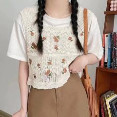 Niche knitted suspender top hollow Japanese retro frying street hook flower layered vest for women