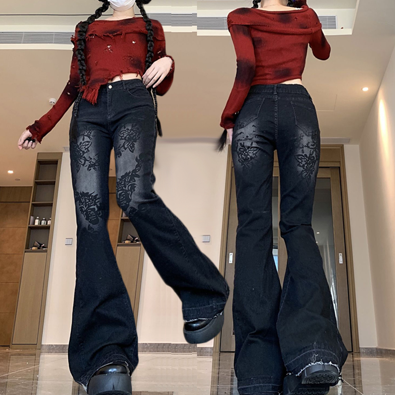 American hot girl low waist slightly flared trousers for women y2k subculture retro design niche straight printed jeans