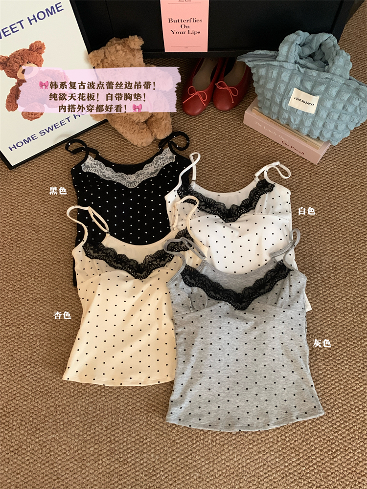 Real shot of 2025 early spring new polka dot lace splicing suspender vest with chest pad covering the hot girl