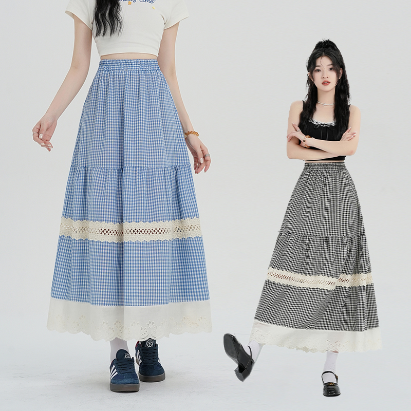 Real photo of lace retro lace splicing plaid cake skirt for women in spring high waist slim skirt with big sway A-line skirt