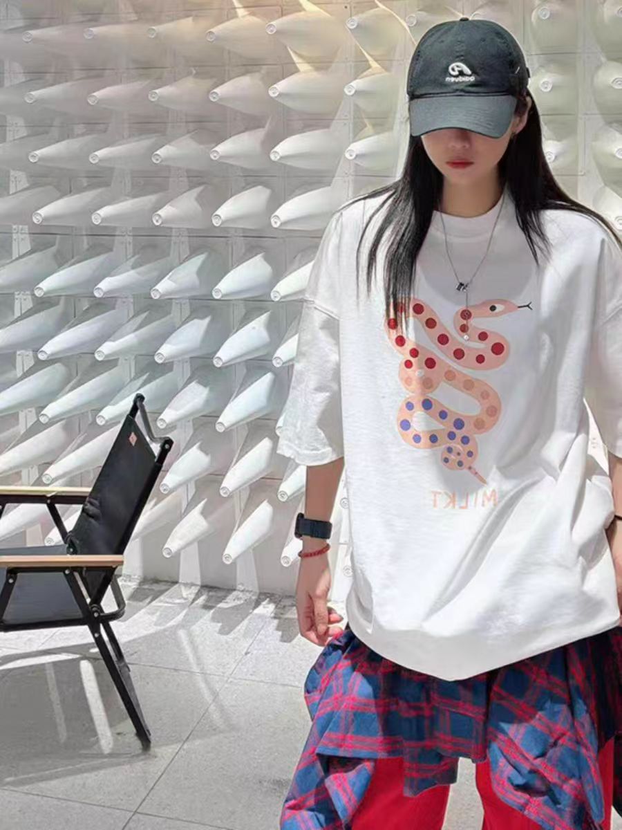 200g combed and tight-fitting sprinkler, pure cotton backpack, spring and summer loose shoulder printed short-sleeved T-shirt