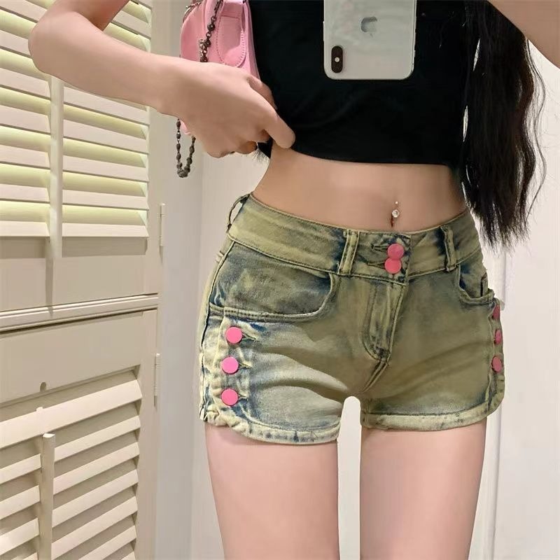 Small high street retro button denim shorts for women in summer hot girl low waist slimming tight hip straight hot pants
