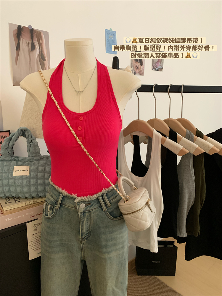 Real shot of 25-year new summer sexy neck halter vest with chest pad slim fit and slim temperament top