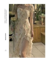 碎花吊帶連衣裙2025春季新款荷葉邊氛圍感開叉長裙