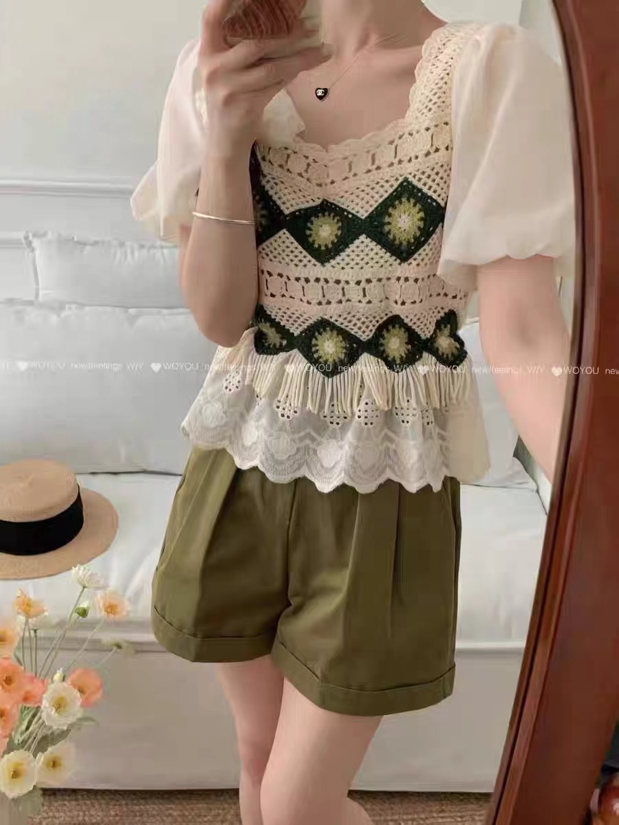Square collar puff sleeve shirt high-end two-piece tops for women's summer knitted hollow shirt design niche