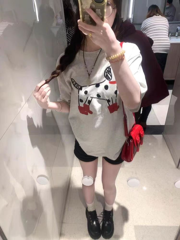 200g combed and tight spun in 2025, pure cotton back bag strip, spring and summer loose shoulder printed short-sleeved T-shirt