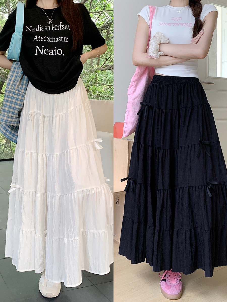Photographed French romantic style bow half skirt for women summer high-waisted skirt A-line large swing medium-length dress