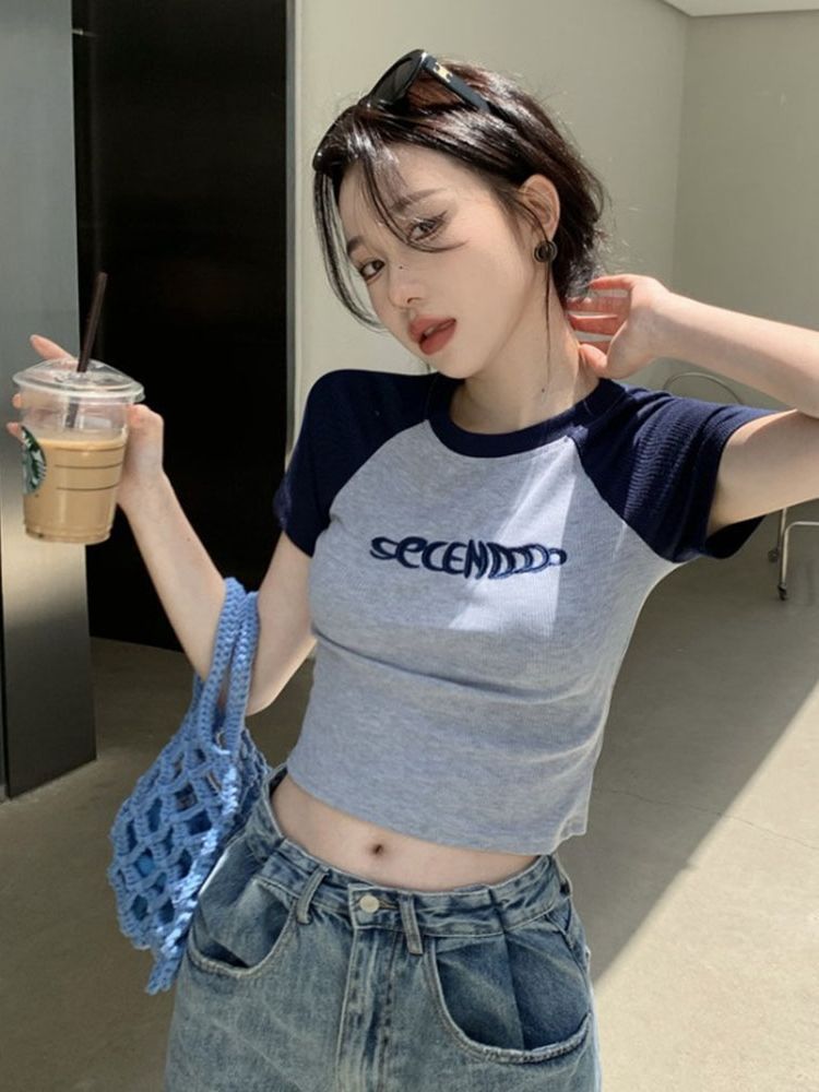 韓國外貿原版新款純欲風短款上衣辣妹修身夏季短袖t恤女