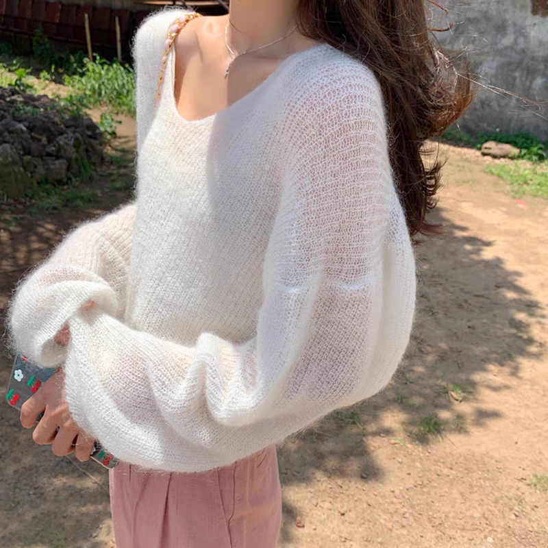 Mohair V-neck sweater for women loose bf lazy style early autumn new internet celebrity sweater jacket