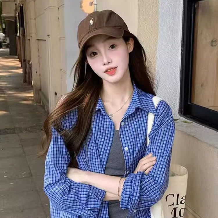 Korean blue plaid shirt jacket for women early spring outfit new college style loose layered bottoming jacket