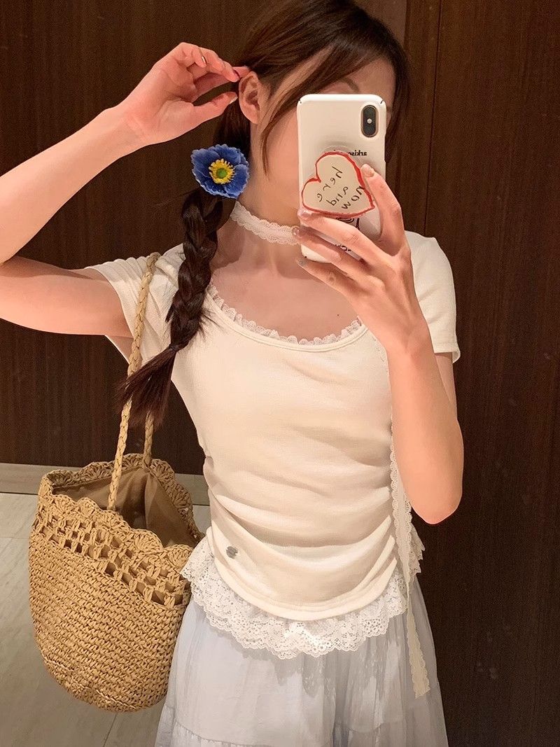 甜美絲帶小清新純欲辣妹設計感收腰顯瘦蕾絲飄帶短袖t潮