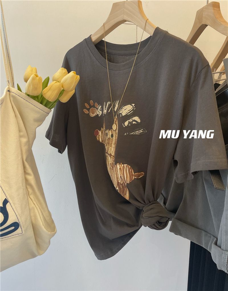 200g combed and tight spun in 2025, pure cotton back bag strip, spring and summer loose shoulder printed short-sleeved T-shirt