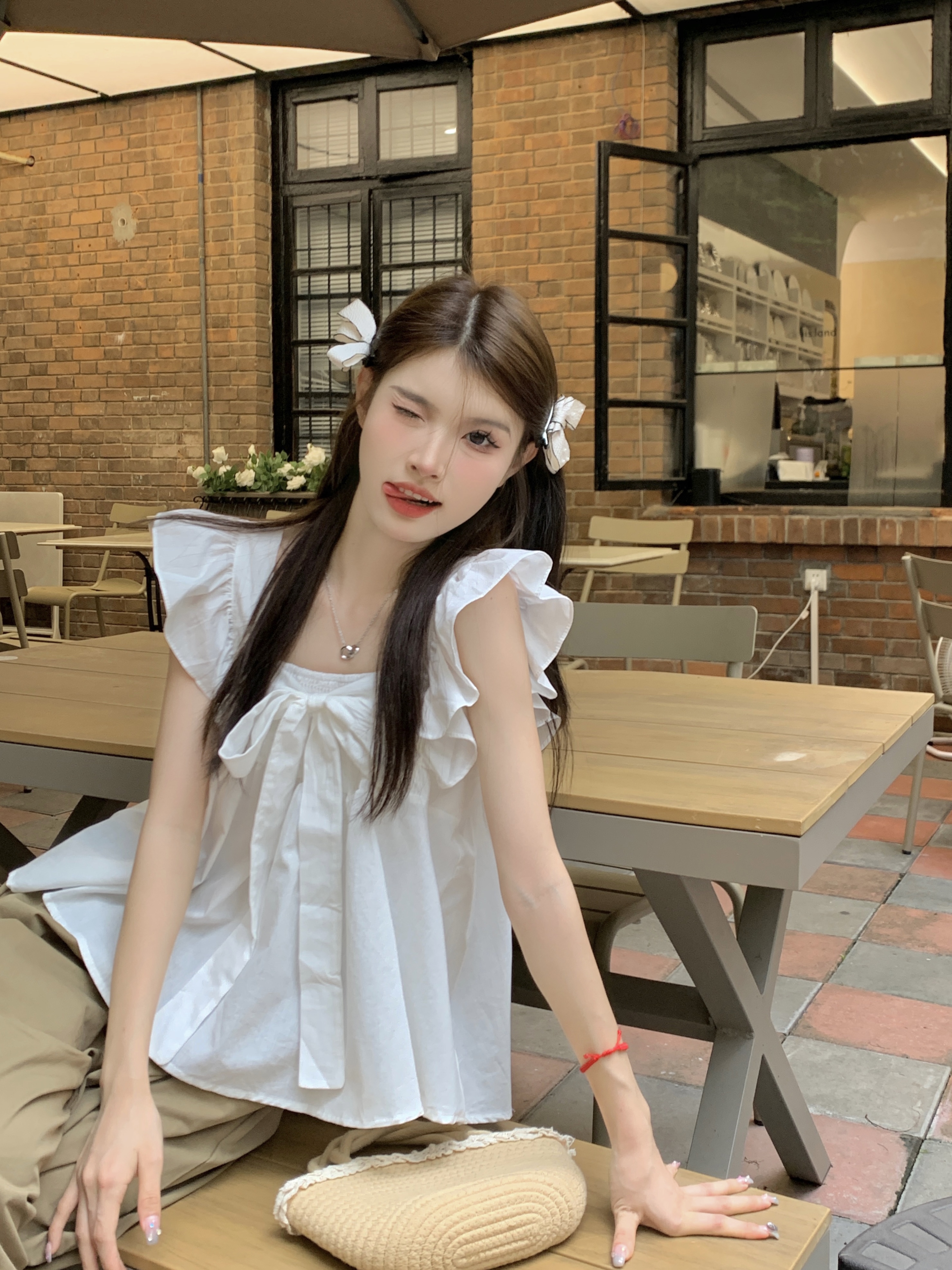 Real-life design design bow tied with flying sleeves shirt for women in summer chic niche loose slim top