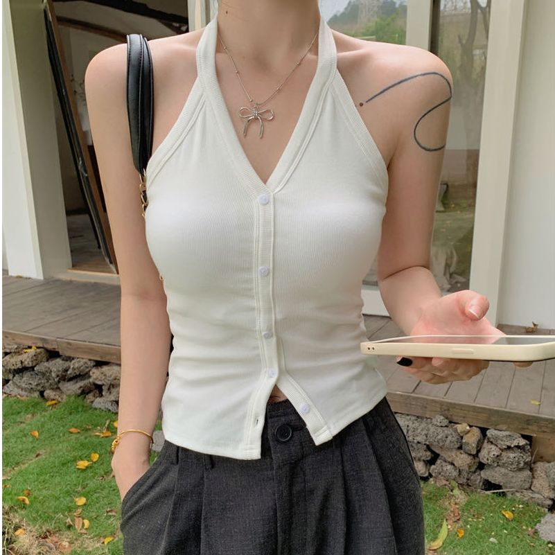 帶胸墊掛脖背心女夏季外穿設計感小眾獨特别致絕美辣妹小上衣
