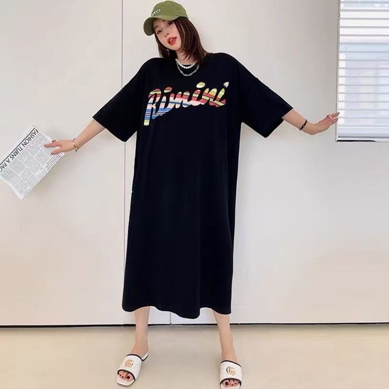 韓系個性東大門T恤連衣裙女新款寬鬆開叉中長款裙子