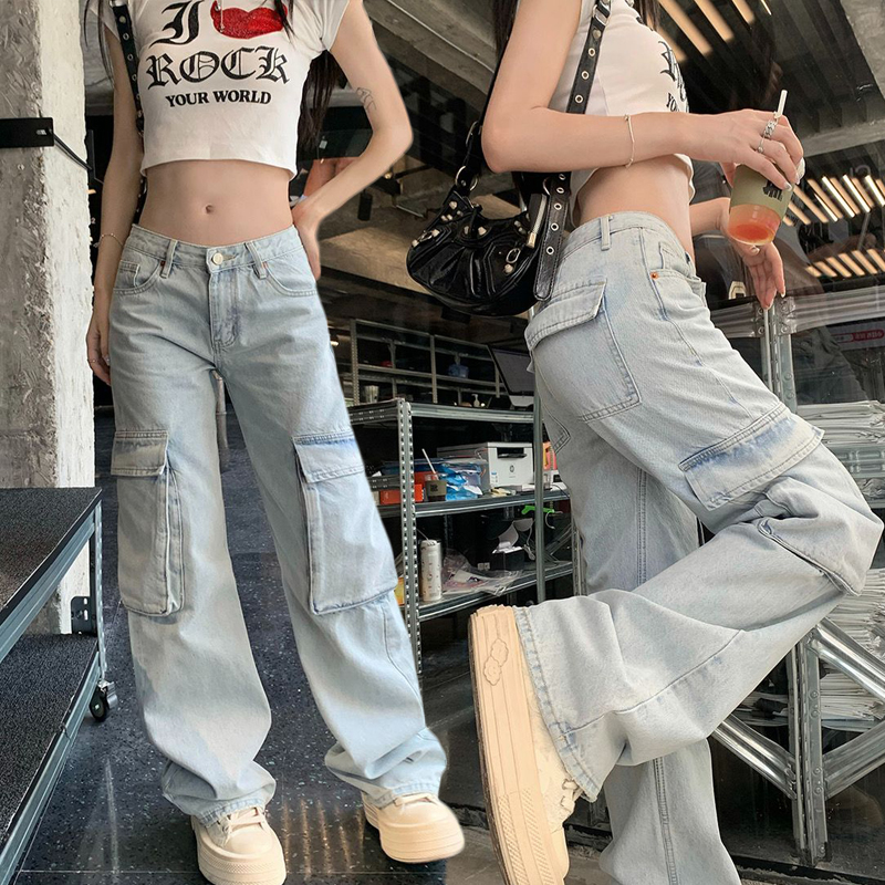 Working wide-leg jeans for women in spring and summer, multi-pockets, high-waisted slim and loose pear-shaped body American straight-leg floor pants