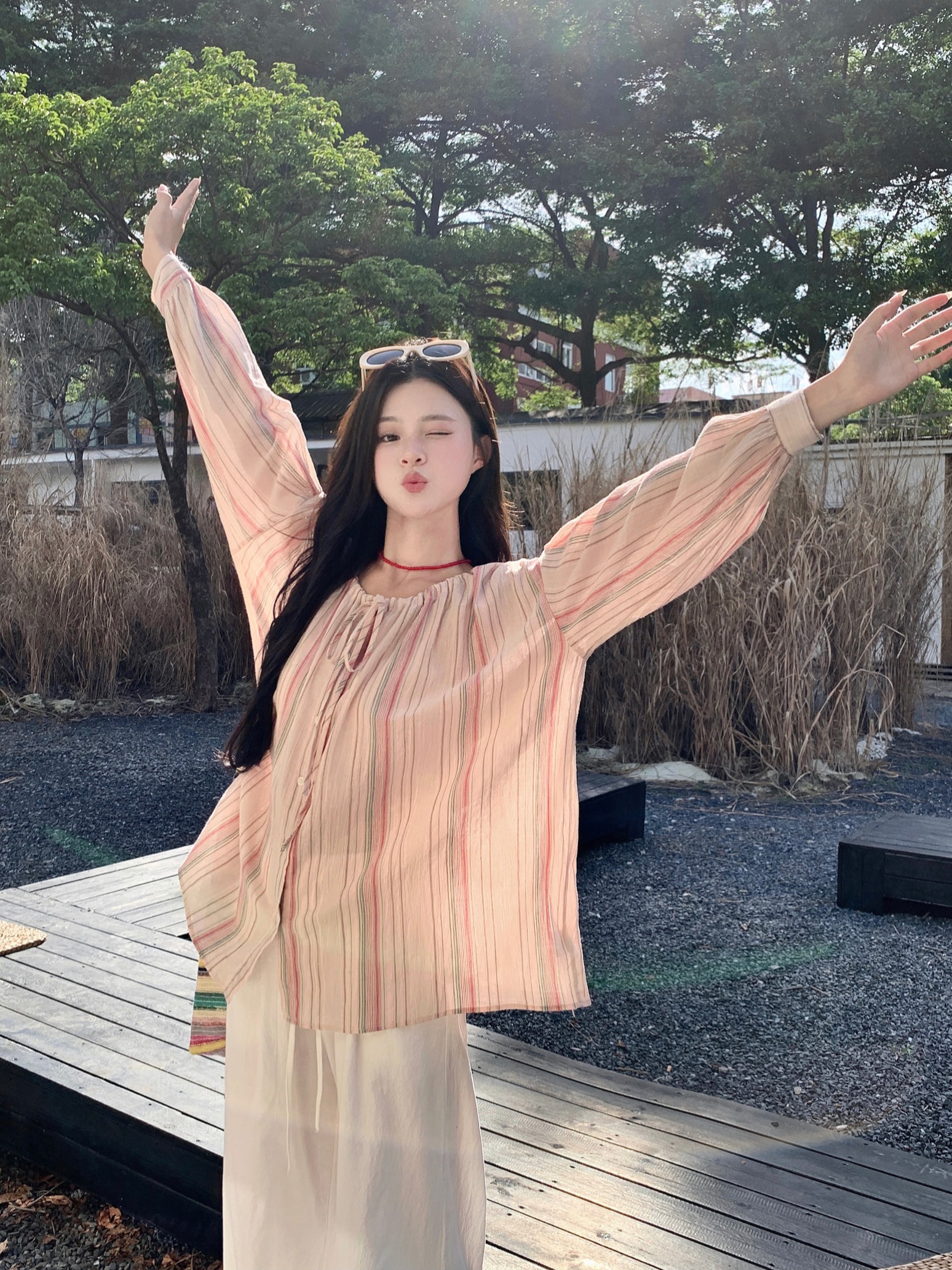 Real shot~ Early autumn sweet age-reducing vermicelli striped long-neck long-sleeved shirt sun protection loose top coat