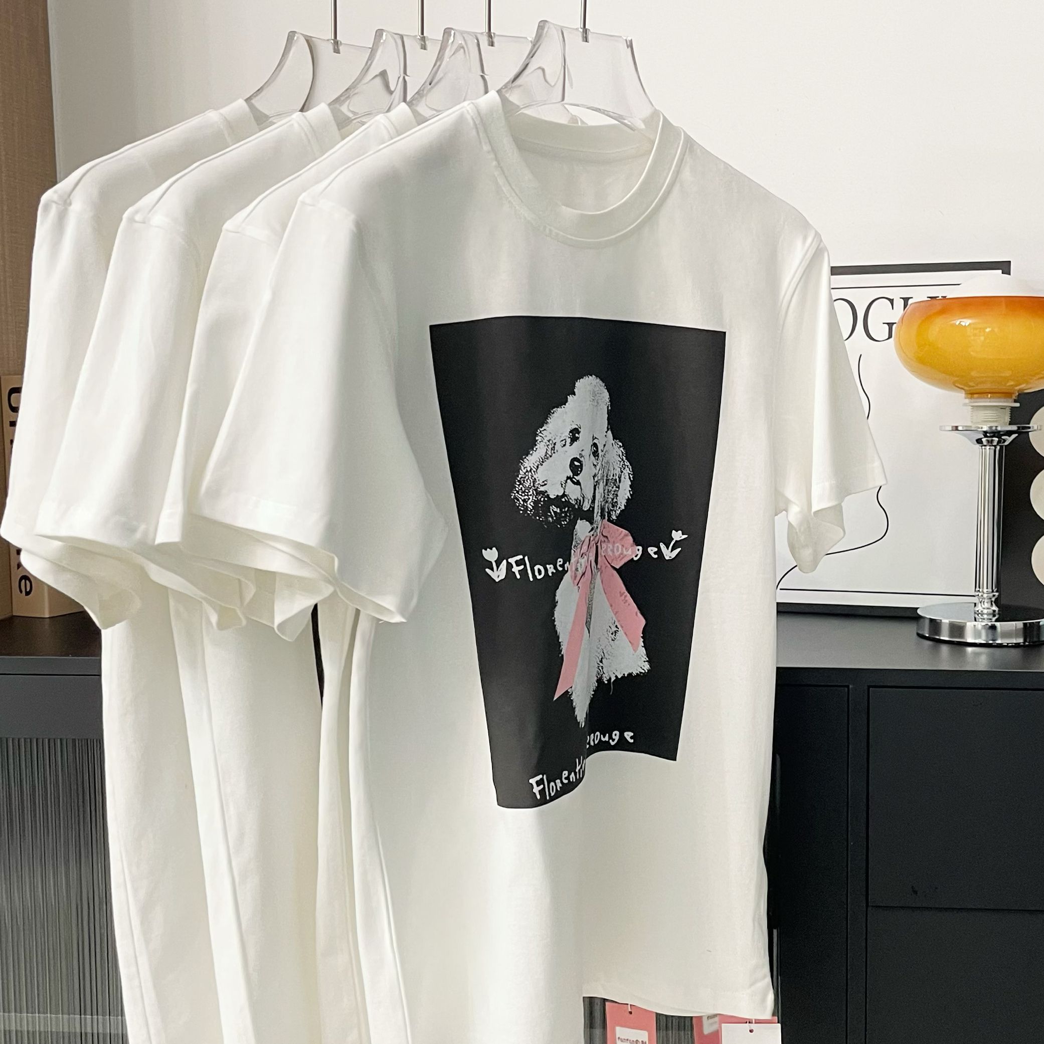 Pure Cotton Bow Pixel Puppy Print Thread Round Neck Print Pure Cotton Loose Short Sleeve T-shirt