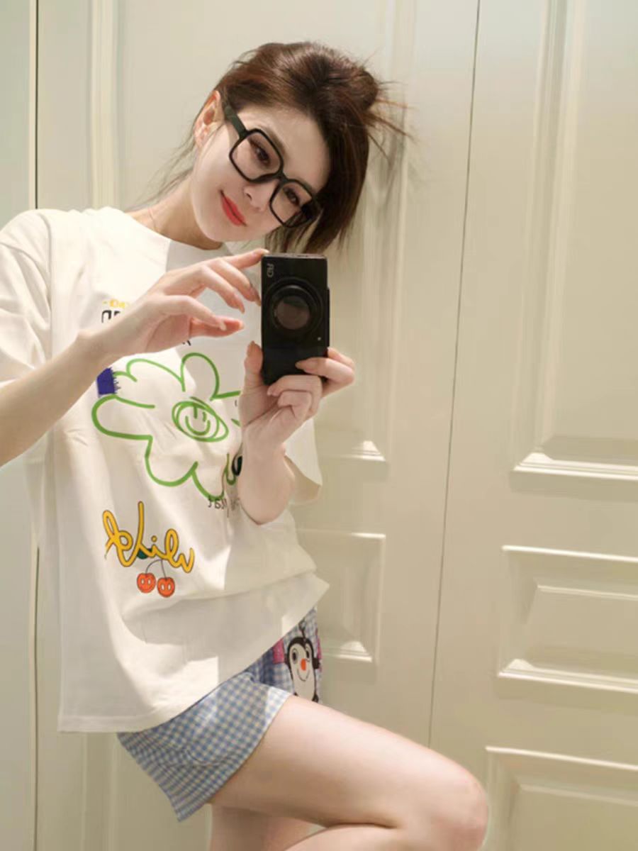 200g combed and tight-fitting sprinkler, pure cotton backpack, spring and summer loose shoulder printed short-sleeved T-shirt