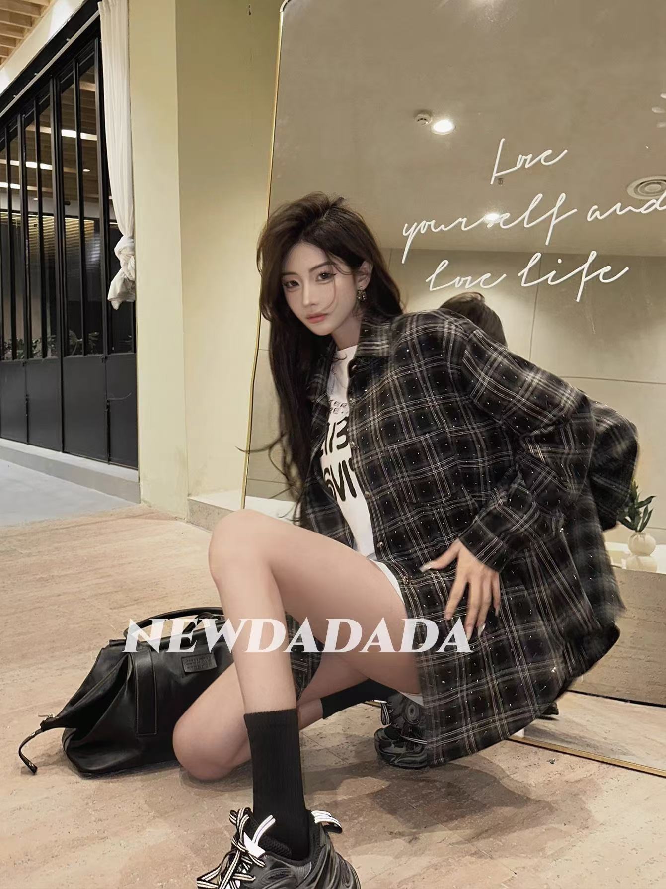 Original French loose long sleeve autumn bright shiny iron diamond plaid shirt jacket sun protection shirt women