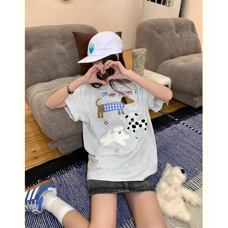 21 pure cotton-100% cotton 2025 summer new Korean short-sleeved T-shirt for women embroidered short-sleeved tops for students