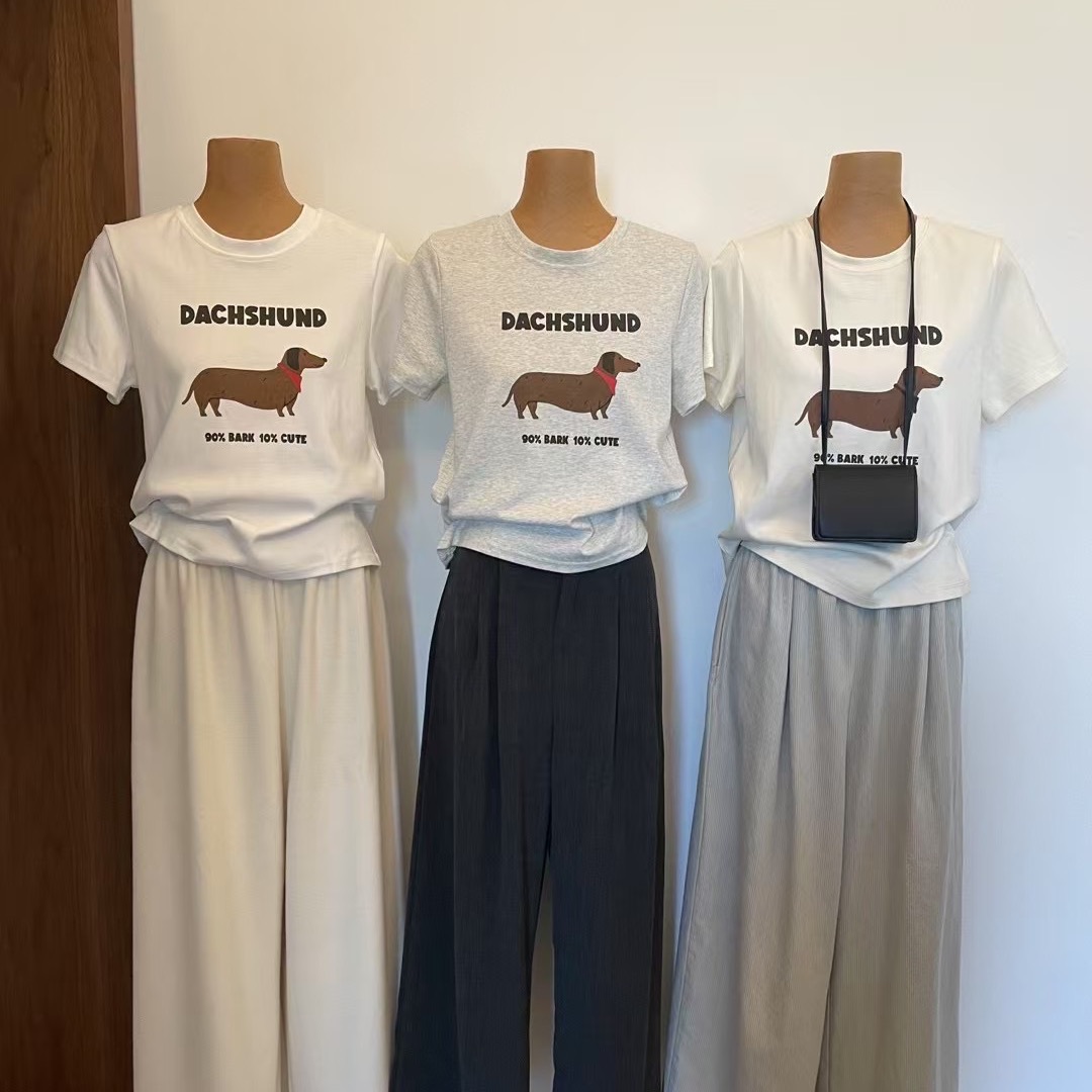 2025 printed front shoulder short-sleeved T-shirt for women in summer new niche American pure cotton slim T-shirt top