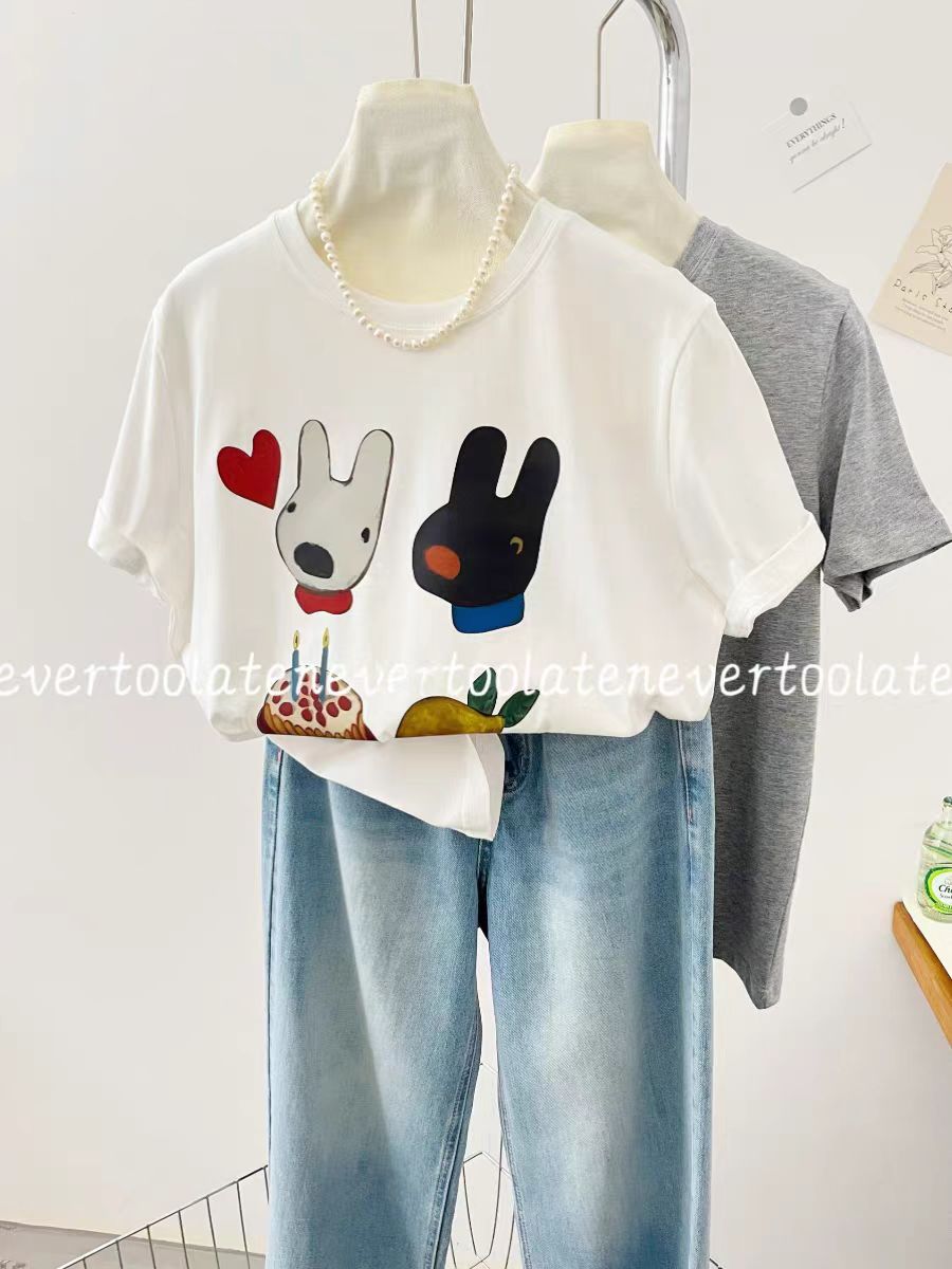 200g combed and tight spun in 2025, pure cotton back bag strip, spring and summer loose shoulder printed short-sleeved T-shirt