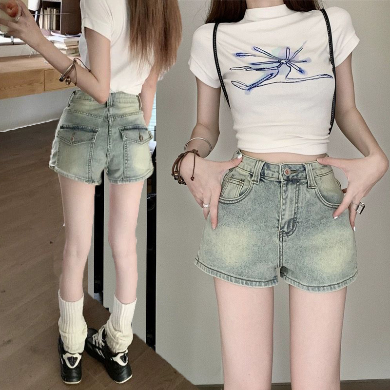Washed old denim shorts for women in summer hot girls tight hip hot pants irregular high waist slimming straight pants