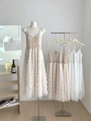 Niche dress knitted V-neck backless splicing irregular layered mesh cake skirt internet celebrity suspender skirt