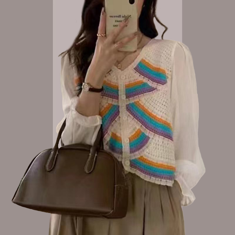 New jacket with high-end and sweet rainbow sweater top niche design for women autumn and winter