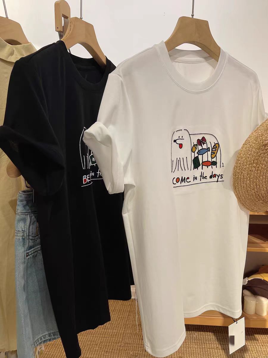 200g combed and tight spun in 2025, pure cotton back bag strip, spring and summer loose shoulder printed short-sleeved T-shirt
