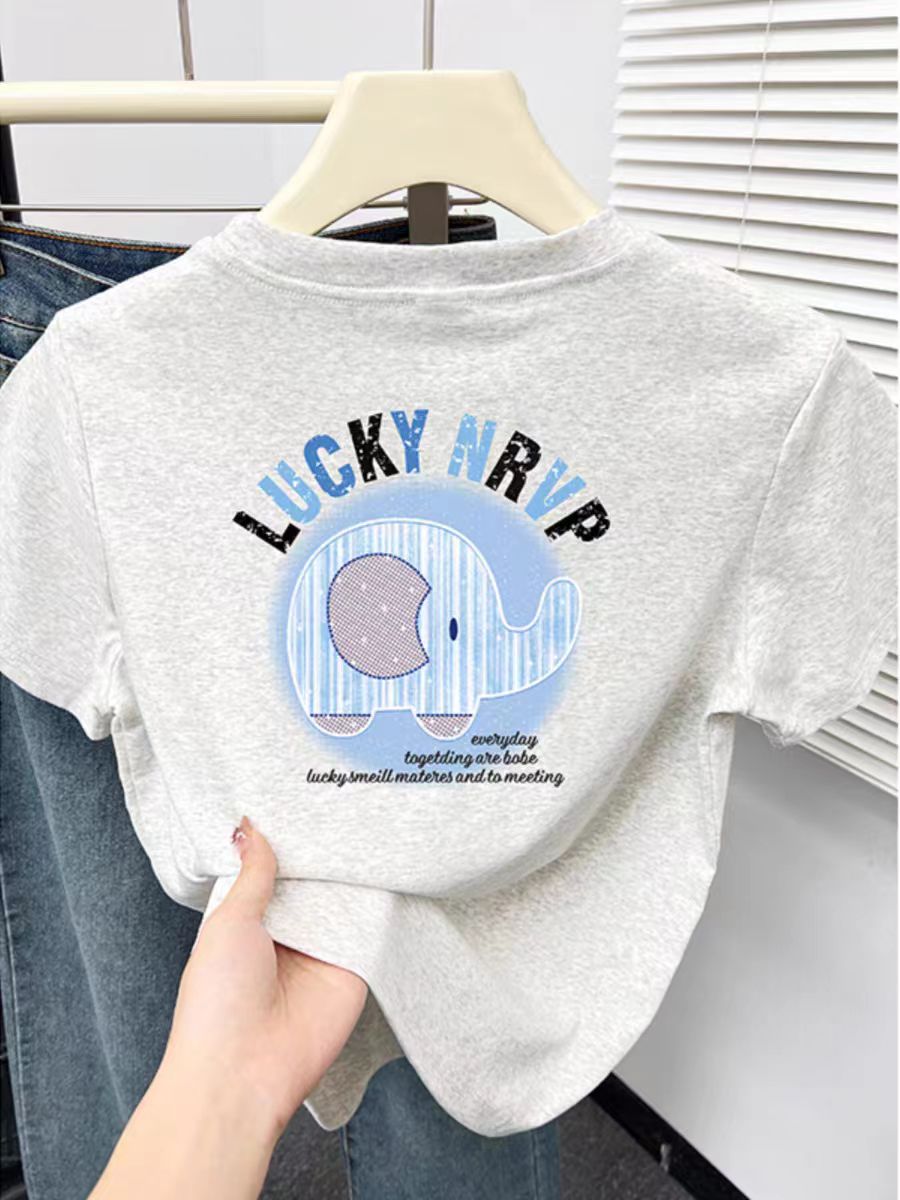 2025 printed front shoulder short-sleeved T-shirt for women in summer new niche American pure cotton slim T-shirt top