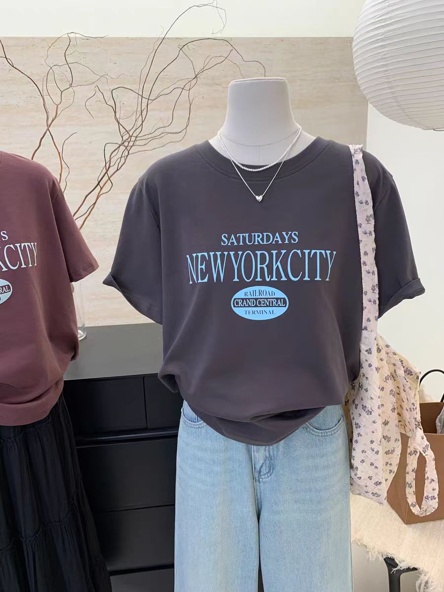 200g combed and tight spun in 2025, pure cotton back bag strip, spring and summer loose shoulder printed short-sleeved T-shirt