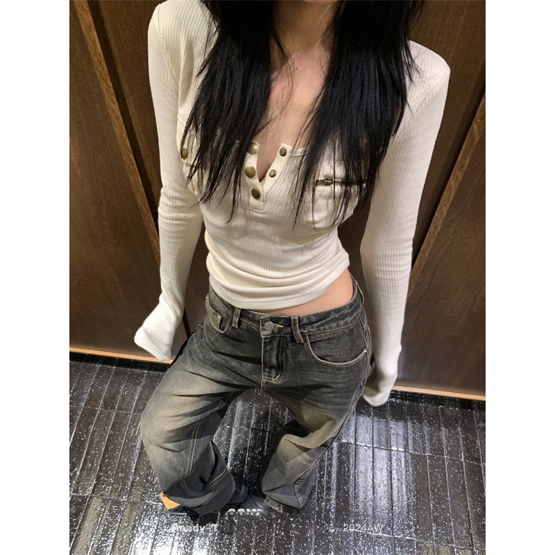 Retro solid color top for women's spring versatile pockets exquisite slim long-sleeved slim knitted sweater