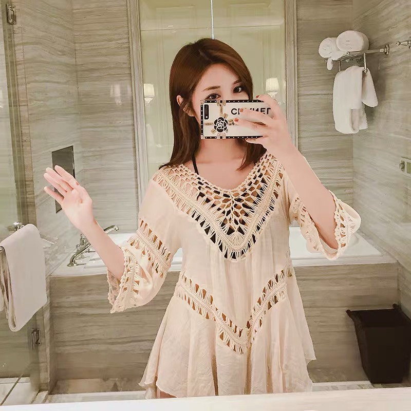 European and American loose mid-length large sway hollow hand hook sweater beach bikini swimsuit beach blouse women