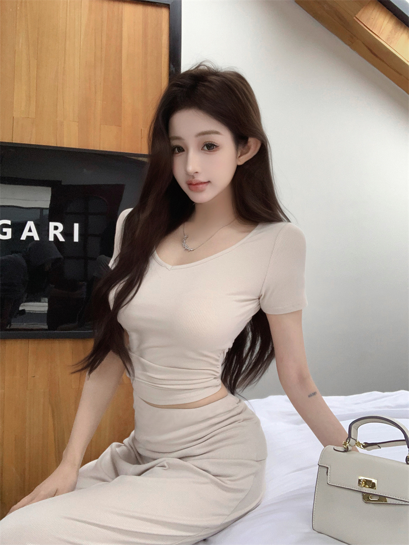 實拍~修身收腰短袖T恤套裝女低腰喇叭褲兩件套
