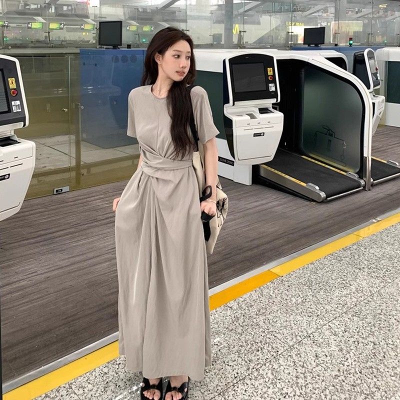 小眾設計交叉綁帶短袖連衣裙夏季女氣質高級感收腰顯瘦A字長裙子