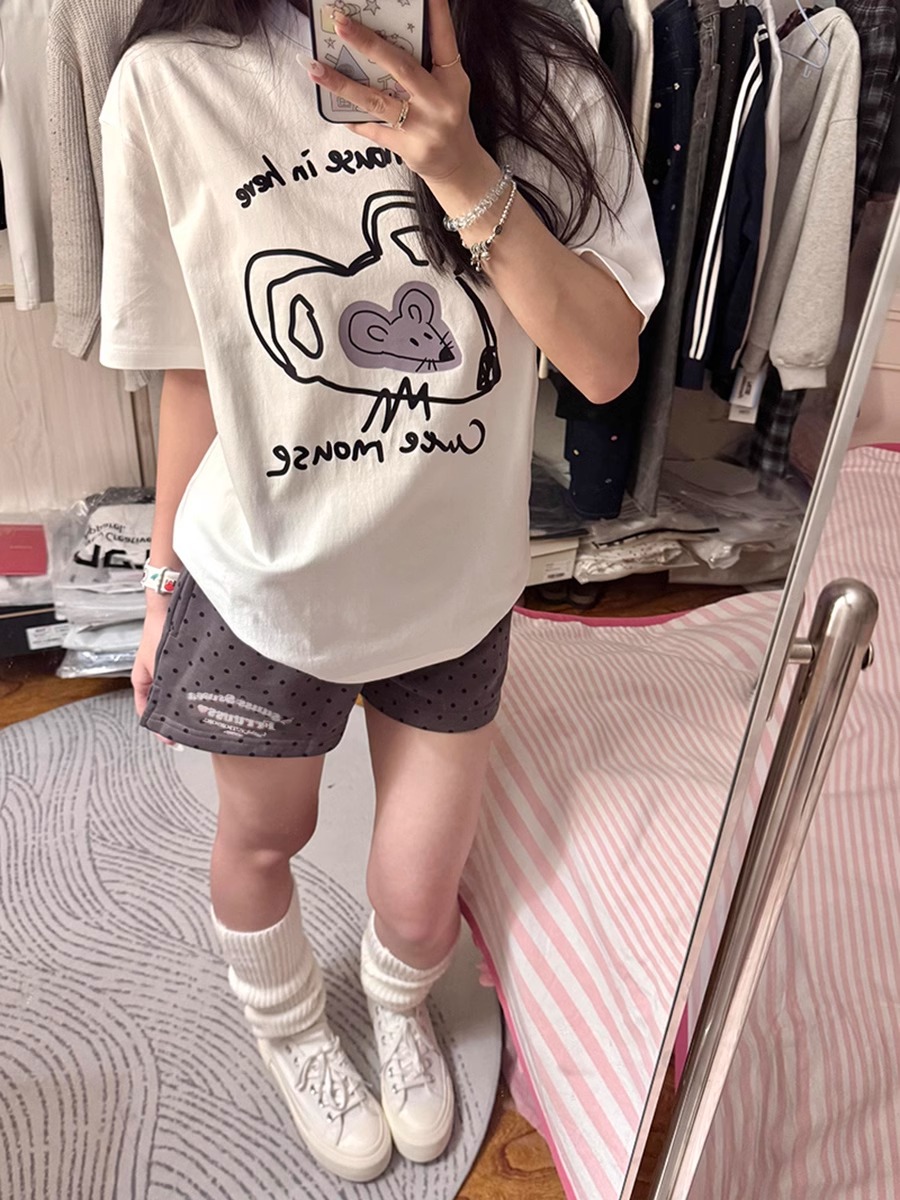 200g combed and tight spun in 2025, pure cotton back bag strip, spring and summer loose shoulder printed short-sleeved T-shirt