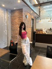 Real shot!  White ripped straight-leg pants for women's design lace hollow spliced ​​wide-leg pants jeans fashionable