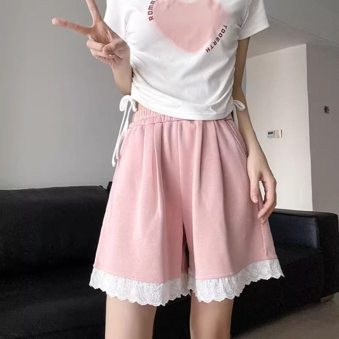 韓版蕾絲邊拼接休閒褲女夏季高腰闊腿短褲