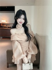 Real-shot one-shoulder off-shoulder dress with lantern sleeves, waist-defined design, ruffled tiered skirt, floral accents, and tie-up crinkle chiffon tube top.