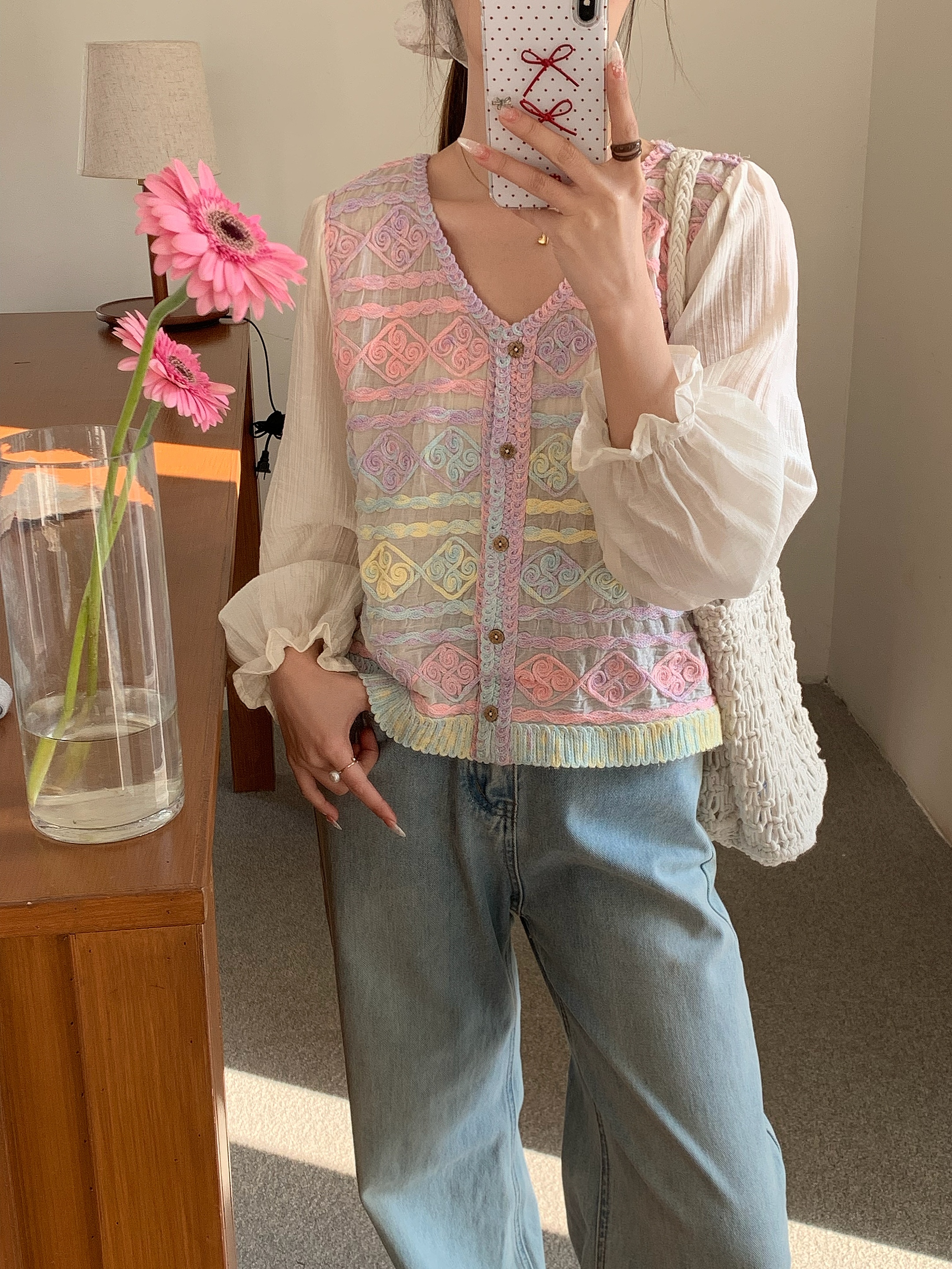 Vacation style long-sleeved knitted splicing shirt for women in spring, summer and autumn new style slimming fake two-piece tops fashionable and fashionable small shirt