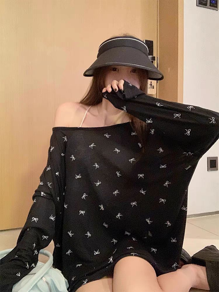 慵懶風蝴蝶結印花長袖T恤女裝夏季寬鬆薄款微透防曬罩衫上衣