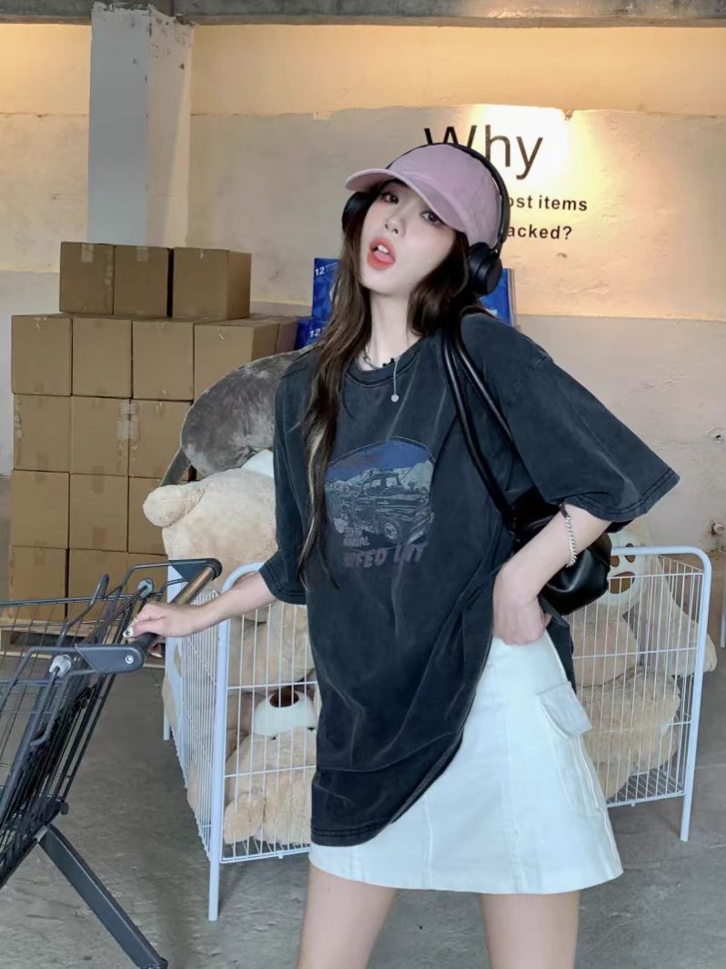 230g pure cotton collar, spring and summer American retro loose large size top printed washing and old short-sleeved T-shirt
