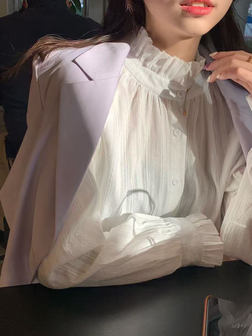 Women's white shirt 2025 autumn stand collar black ears long sleeve top design niche sweet Japanese layered shirt
