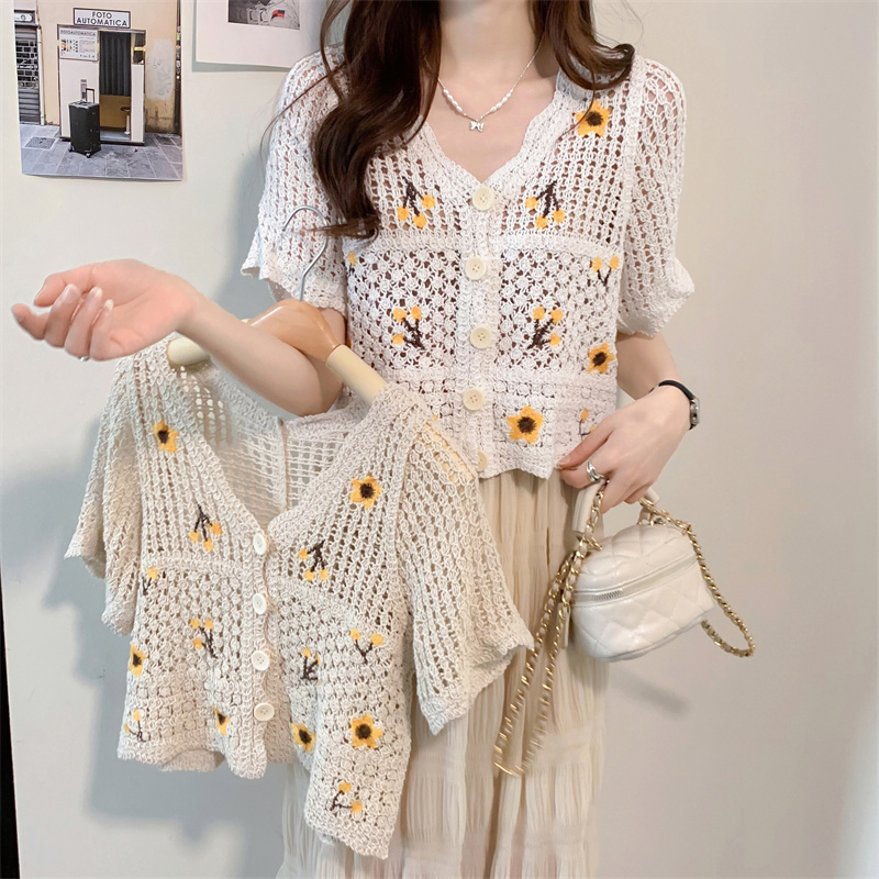 Real shot of retro hollow embroidered transparent thin knitted cardigan top for women's summer short-sleeved loose top